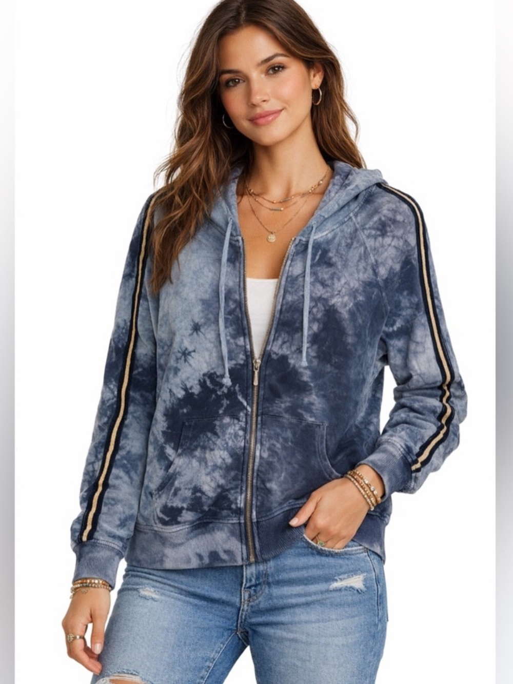 Johnny Was Calmé Oversized Tie-Dye Zip Hoodie in Navy Blue
